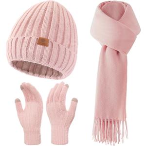 Women Winter Hat Beanie+Long Scarf+Touch Screen Gloves Set, Warm Clothes Set with Knit Fleece Lined for Women/Men Winter (Pink)