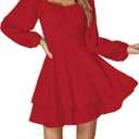 LYANER Women's Lantern Long Sleeve Wrap Tie Back Square Neck Double Layer Ruffle Hem A Line Short Mini Dress (Medium, Red)