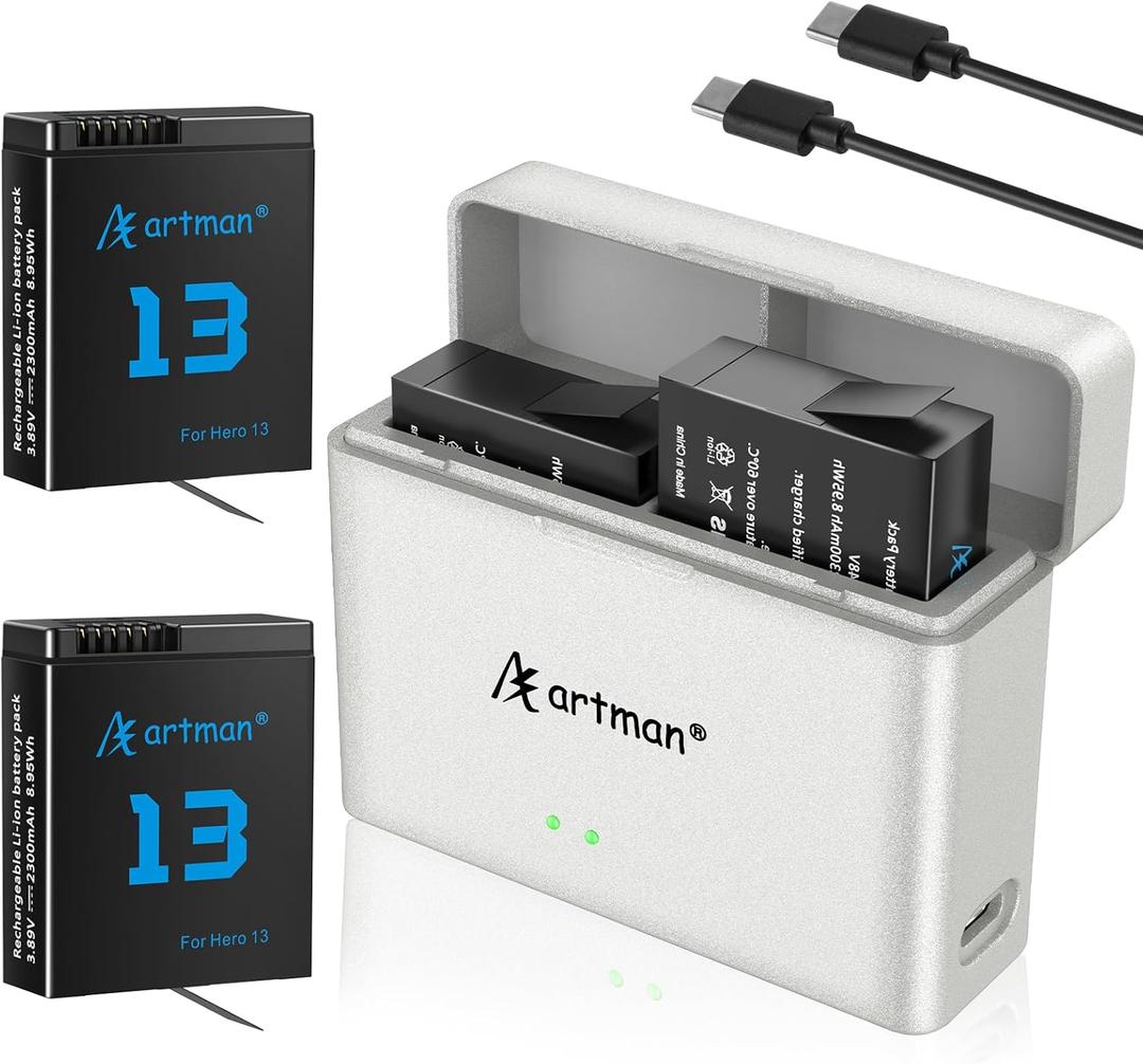 Artman Hero 13 Battery 2300mAh 2-Pack for GoPro Hero13 Black Camera with 2-Slot Pocket Storage Fast Charger, Fully Compatible with GoPro Hero 13 Battery and Charger