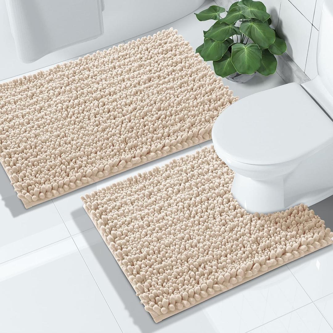 Yimobra Bathroom Rugs Sets 2 Piece - Quick Dry Chenille Bath Mat with Toilet Rug Set, Non Slip Absorbent for Tub Shower Sink, Machine Washable Extra Thick Floor Mat, 32x20+24x20 Inch Light Brown