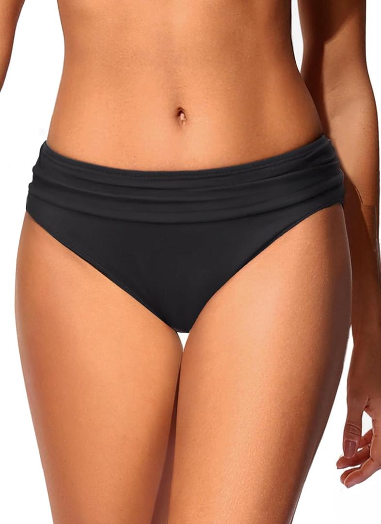 Zmart Women Full Coverage Ruched Bikini Bottoms Tummy Control Swim Bottoms Scrunch Ruffle Bathing Suit Bottom (Medium, Black)
