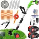Electric Cordless Weed Wacker Eater Battery Powered,21V/4.0Ah Lightweight No-String Weed Trimmer with 2 Battery Operated& Wheels,3 in 1 Stringless Grass Trimmer/Edger/Brush Cutter for Garden Yard Lawn