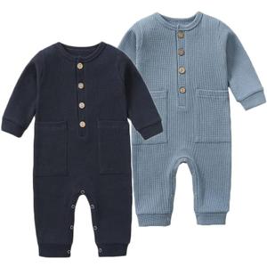 BeiVSlley Newborn Baby Boy Girl 2 Pack Button Solid Romper Infant Long sleeve Knit Cotton Footless Outfits Clothes (12-18 Months, Blue+dark Blue)