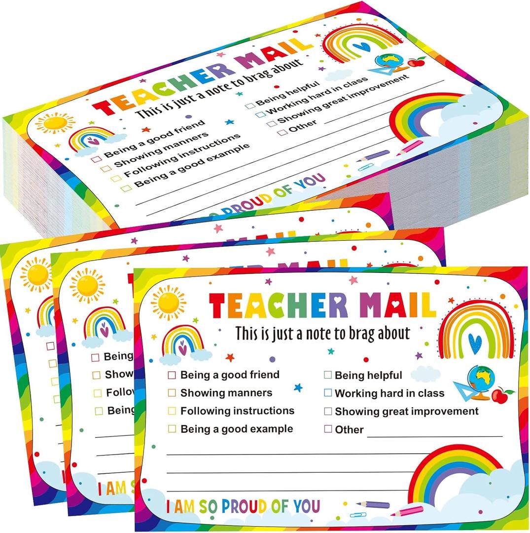 Pasimy 200 Pcs Teacher Mail Cards Rainbow Boho Classroom Positive Teacher Mail Notes to Parents Good Behavior Incentive Postcards Brag to Send Home Classroom Students Preschool Kindergarten Decor