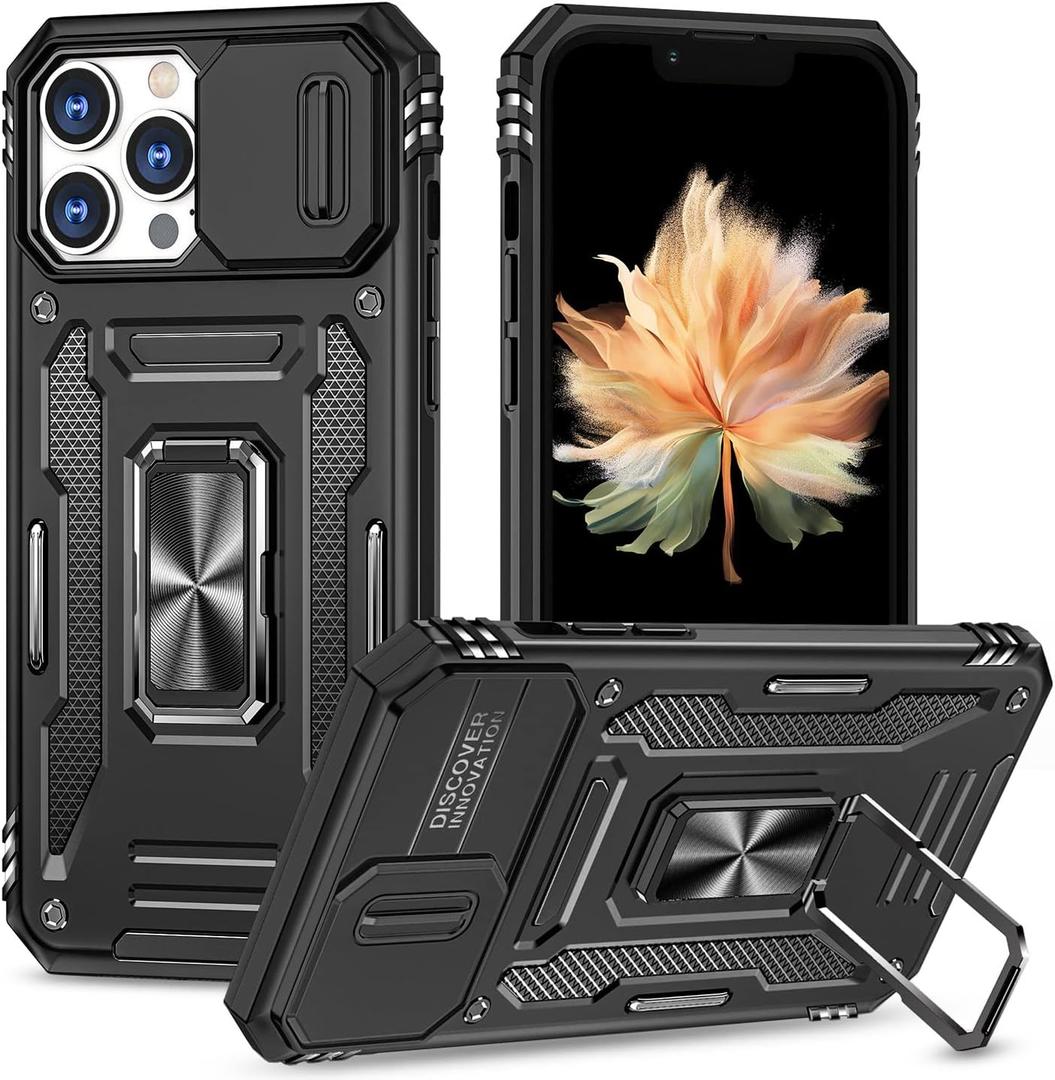 Case for iPhone 13 Pro Phone Case with Camera Cover, with Ring Holder Kickstand, with Magnetic Car Mount Function, for iPhone 13 Pro (Black)
