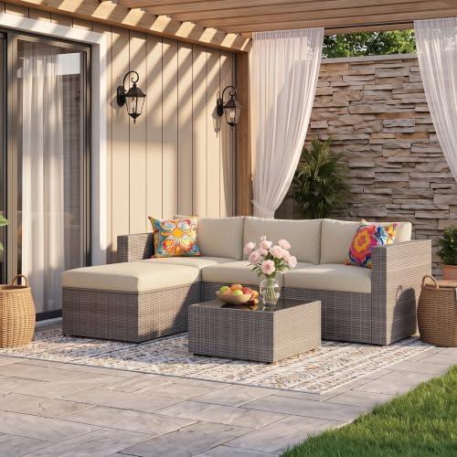 Wisteria Lane 5 Piece Outdoor Patio Furniture Set | All Weather Wicker Patio Sectional Sofa Set with Cushions & Glass Coffee Table for Backyard Garden Balcony, Beige