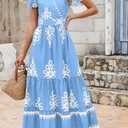 PRETTYGARDEN Womens 2026 Summer Casual V Neck Boho Maxi Dress Flowy Aline Bell Sleeve Tiered Floral Dresses with Pocket (Blue, L)