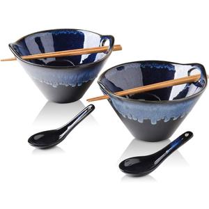 KOOV Porcelain Japanese Ramen Bowls with Chopsticks and Spoons, 26 Ounce, Deep Pho Bowl, Reactive Glaze (Blue Galaxy), Set of 2 (26OZ)