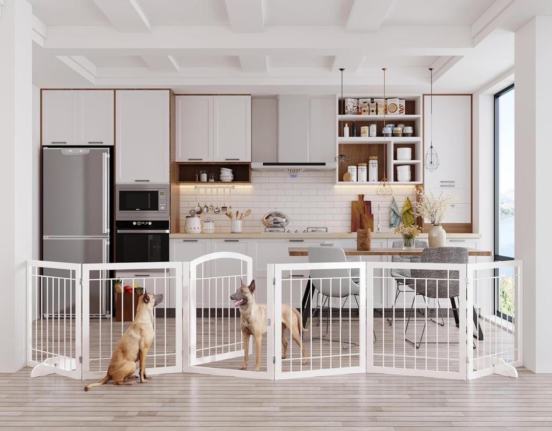 Vantas Folding Pet Gate 144" Wide, 30" Tall No-Assembly Metal Dog Gate, Freestanding Wire Pet Gate, Pet Puppy Safety Fence, Extra Wide with 2PCS Support - White (6 Panels with Door)