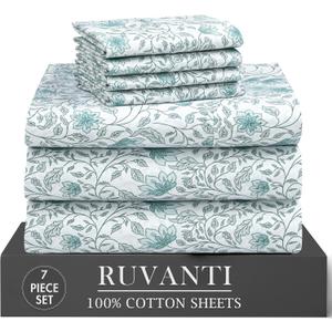 RUVANTI 100% Cotton Percale Sheets Split King Size 7 Piece Set, Cooling Bed Sheets for Hot Sleepers, Deep Pocket 16, Breathable Lightweight & Durable, Crisp Hotel Style Sheets, Wildflower Nest