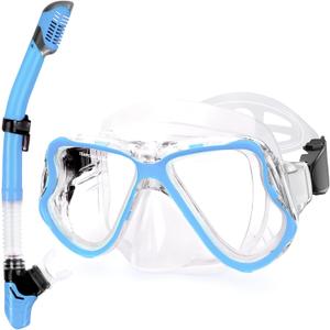 Greatever Dry Snorkel Set,Panoramic Wide View,Anti-Fog Scuba Diving Mask,Professional Snorkeling Gear (Adults, Sky Blue)
