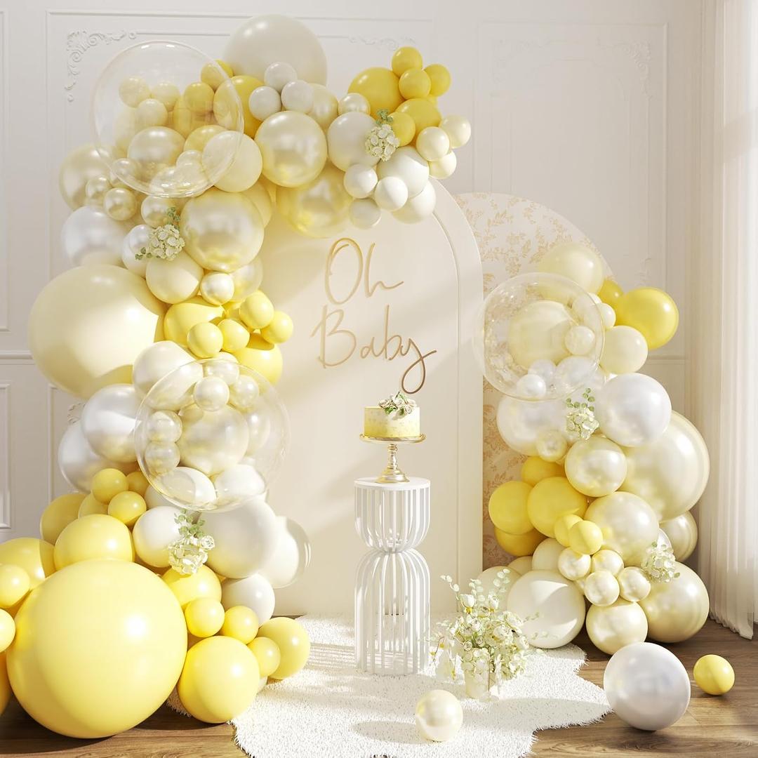 Yellow Balloon Arch Kit 108Pcs Double Stuffed Pearl Yellow Pastel Yellow White Clear Balloons for Bridal Shower Baby Shower Birthday Wedding Engagement Party Decorations, 5X18In, 18X12In, 45X10In, 40X5In