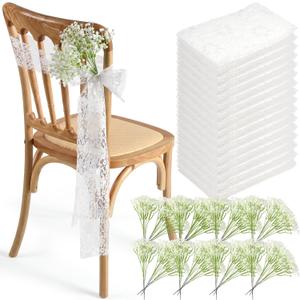 Moukeren 24 Sets White Lace Chair Sashes with Artificial Baby's Breath, 8.2ft Wedding Aisle Pew Decorations Church Ceremony Chair Ribbons for Bridal Shower Banquet Party Decor