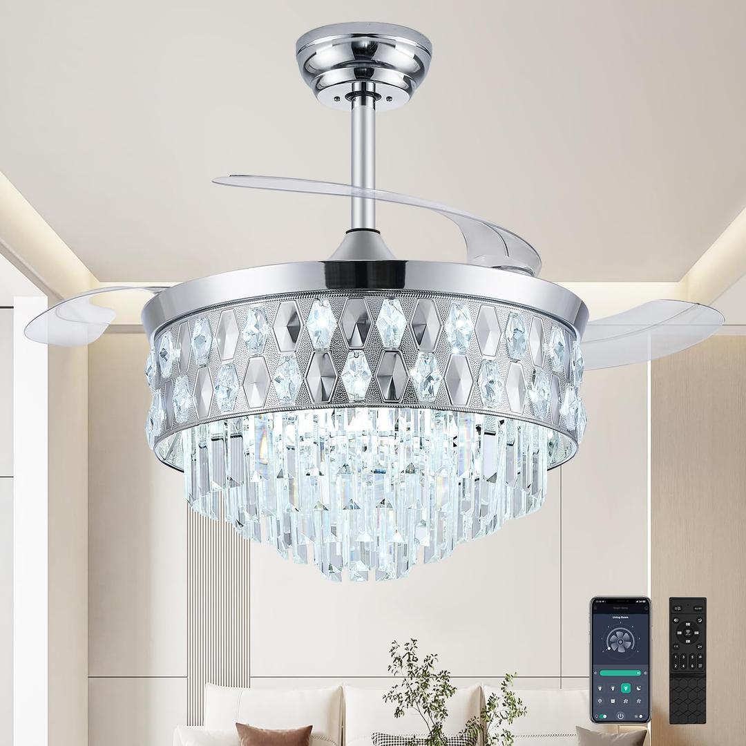 42 Inch Fandelier Ceiling Fan with Light, Chandelier Fan for Bedroom Living Room, Retractable Ceiling Fan with Lights, 6 Wind Speeds, LED Dimmable, Memory and Timing Function-Chrome 42 Inch Fandelier Ceiling Fan with Light, Chandelier Fan for Bedroom Living Room, Retractable Ceiling Fan with Lights, 6 Wind Speeds, LED Dimmable, Memory and Timing Function-Chrome