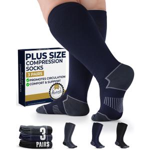Pembrook Plus Size Compression Socks for Women Wide Calf - 3 Pairs, 20-30mmHg Extra Wide Calf Compression Socks, Up to 4XL (Black/Gray/Navy - 3 Pairs)