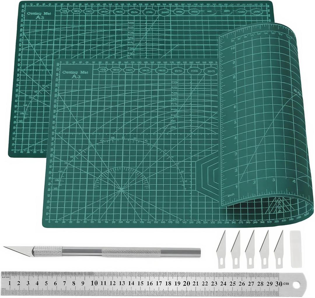 Self Healing 18"X12" Cutting Mat, A3 Sewing Mat Rotary Double Sided Thickened Mats for Crafts, for Sewing Crafts Hobby Fabric Precision Scrapbooking Project,Green 2 Pcs (No)
