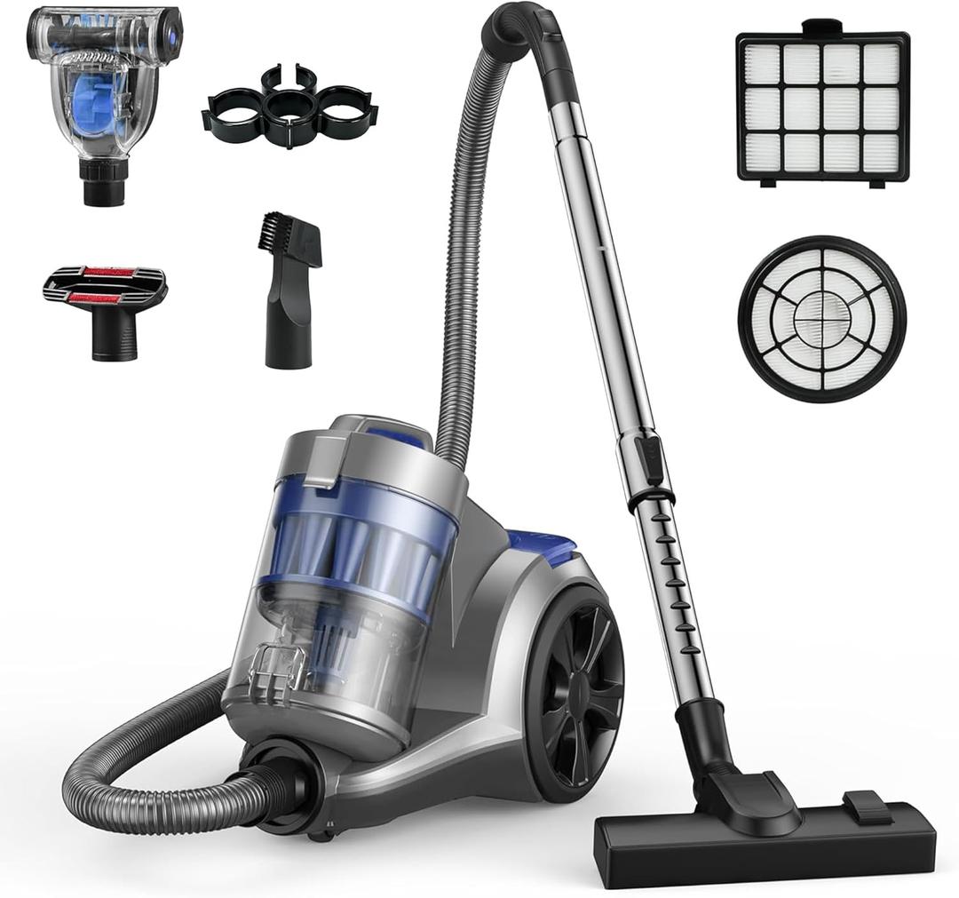 Aspiron 1700W Canister Vacuum Cleaner, 45Kpa Bagless Vacuum Cleaner, Multi-Cyclonic Filtration, 2 Anti-Allergen HEPA Filters, 3.5QT Dust Cup, 4 Tools, No Hair Tangles for Hard Floor, Pet Hair, Azure