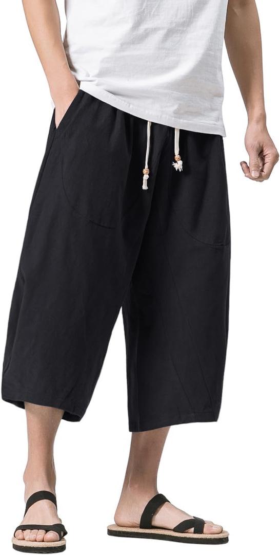 MAGNIVIT Men's Linen Cotton Capri Pants Loose Fit Elastic Waist Wide Leg Baggy Harem Pants (Black, XXL)