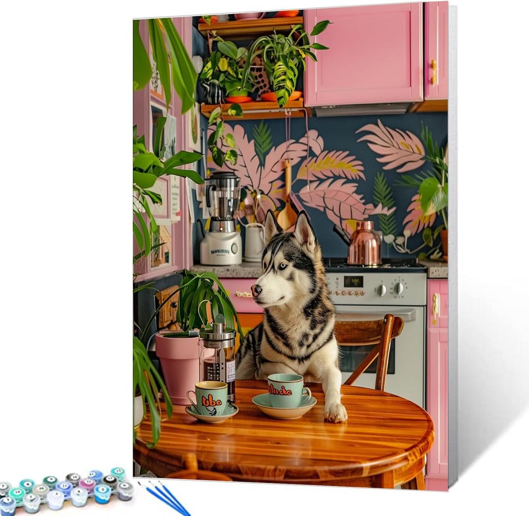 Aihonmin Husky Sit Near Table Paint by Numbers Kits Children,Botanical Paint by Numbers Bohemia Painting Art Craft Painting Colorful Canvas for Home Decor Without Framed 16''W x 20''H