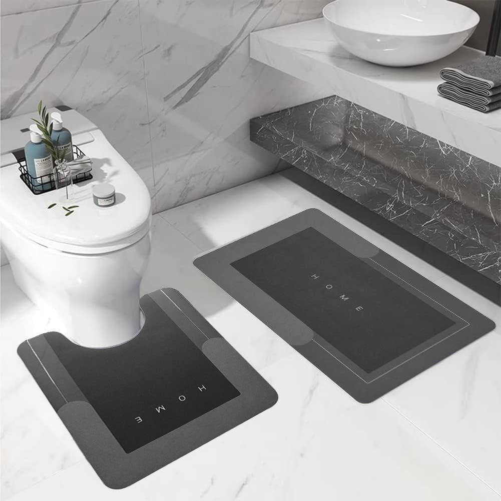 2Pcs Bathroom Mats U Shaped Set, Non-Slip Quick-Dry Toilet Bath Rug for Tub, Shower and Bath Room 19.7"x31.5"+19.7"x23.6", Dark Grey, 2 Pieces