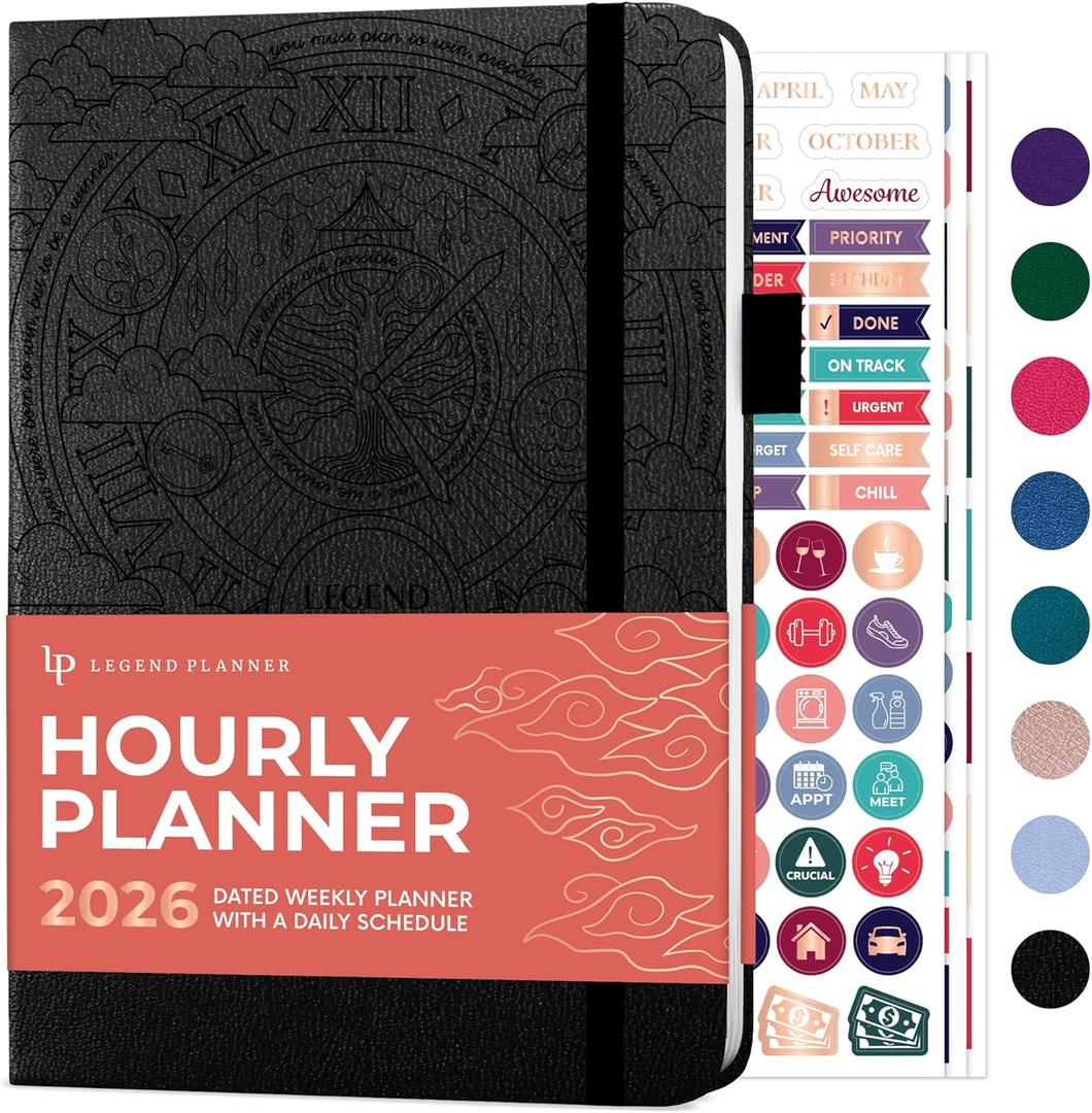 Legend Dated Hourly Weekly Planner 2026  Daily, Monthly & Yearly Agenda with Time Slots  Hardcover Organizer Journal, 5.8x8.3 (Black)