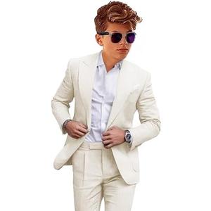 Boys Linen Suits Casual with Tie 3 Piece Summer Beach Wedding Tuxedo Suit for Boy Ring Bearer Outfit, Ivory, Size 10