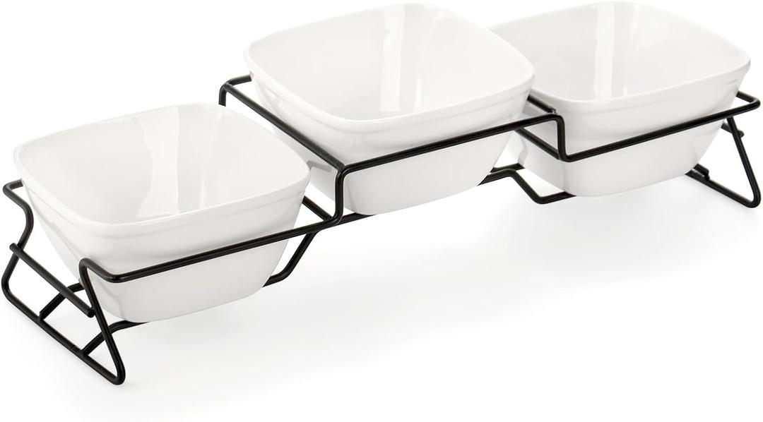 ZENFUN 10 oz Square Bowl Chip & Dip Serving Set, Pocelain Ramekin Bowls with Metal Rack Stand, White Small Serving Dishes, Condiment Serving Tray for Entertaining, Party, Buffets