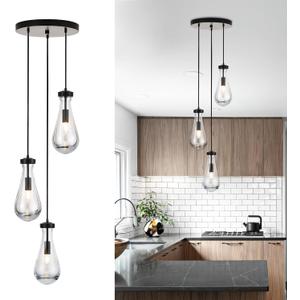 3-Light Raindrop Pendant Light Fixtures, Black Glass Pendant Lighting, Teardrops Modern Hanging Light for Entryway Foyer Kitchen Island Dining Living Room Hallway