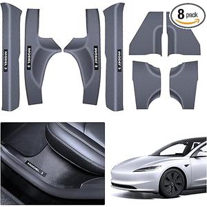 4 Pcs Door Sill Protector for Tesla Model Y 2019-2024 5 Seater - Carbon Fiber Scuff Plate Guards with Installation Kit Front & Rear Pedal Kick Protection, Edge Guards - Not 7-Seater Compatible