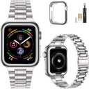 MioHHR Solid Stainless Steel Band Compatible with Apple Watch 44mm 42mm (Series 3/2/1), Metal Strap with Soft TPU Case for iWatch Series 6 5 4 3 2 1 SE SE2 SE3 Women and Men, Silver