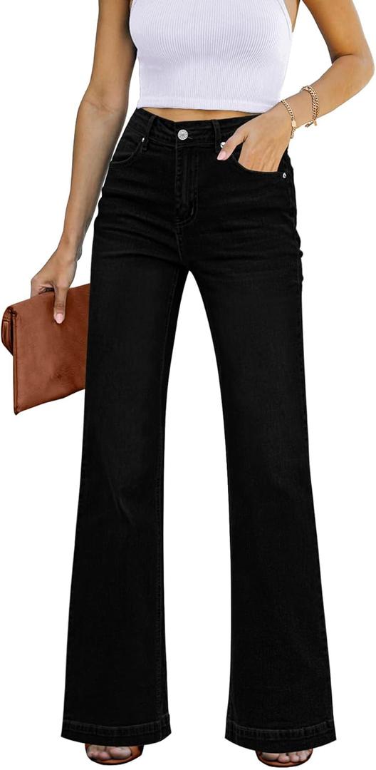 GRAPENT Womens Flare Jeans High Waisted Wide Leg Baggy Jean for Women Stretch Denim Pants (Large, Always Black)