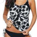 Zando Bathing Suit for Women Tankini Swimsuit for Women Crewneck Two Piece Bathing Suit Tummy Control Tankini Top with Shorts, 16-18, White Print Black Floral