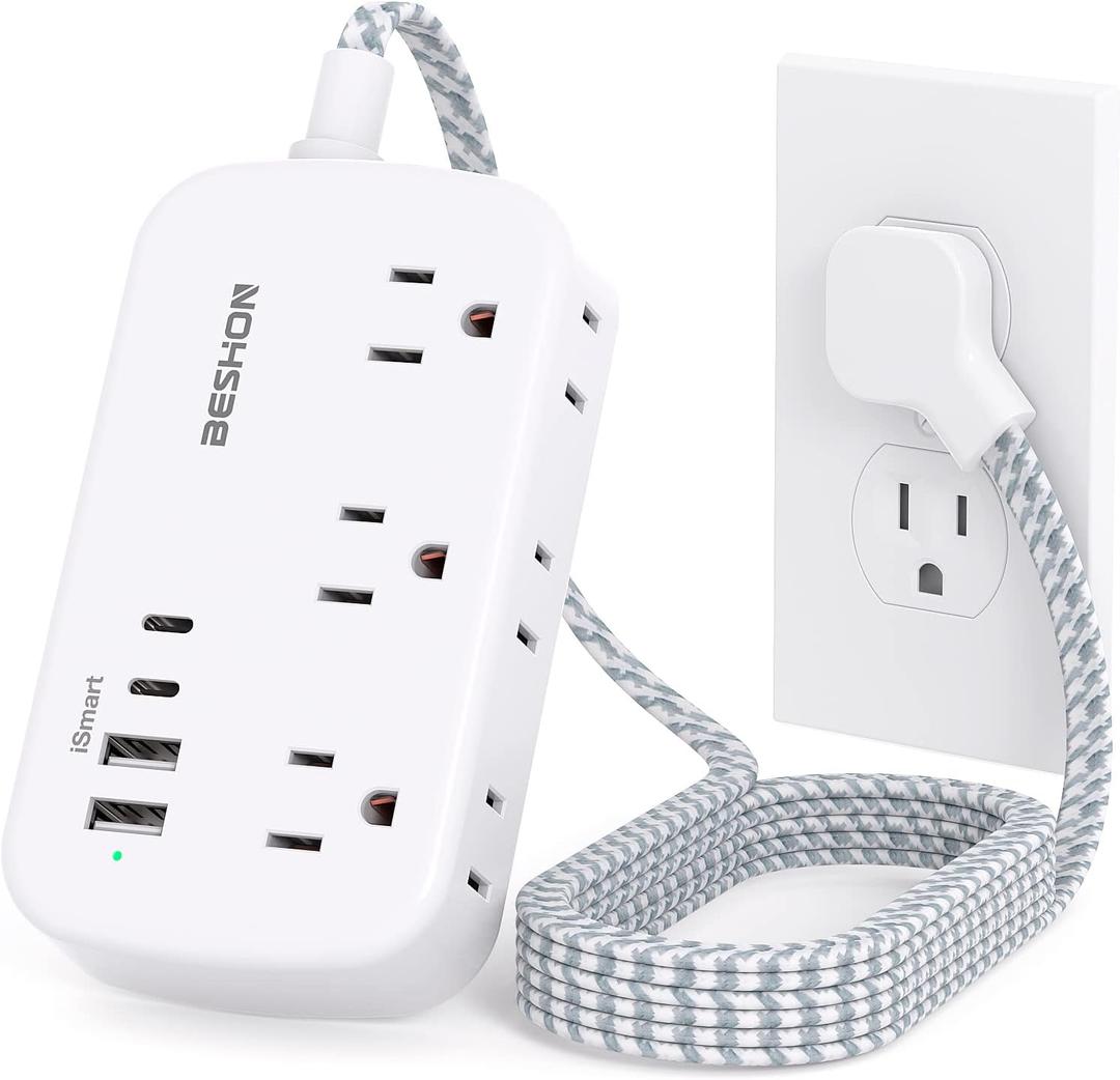 Flat Extension Cord, BESHON 5FT Flat Plug Power Strip with USB C, 6 Outlets 4 USB Port(2 USB C), No Surge Protector, Cruise Ship, Dorm Room Travel Essentials (5FT (Braided wire), White)