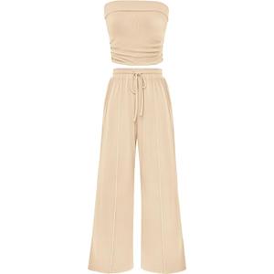 PRETTYGARDEN Womens Summer Outfits 2 Piece Sets Casual Ribbed Knit Crop Tube Top Wide Leg Pants Spring Matching Lounge Set, XS