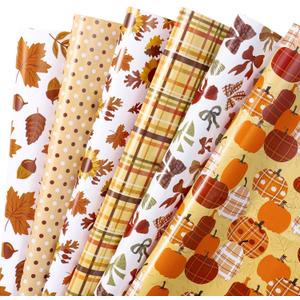 3 x RUSPEPA Fall Wrapping Paper Sheets, Autumn Pumpkin, Sunflower, Leaves and Plaid Design Gift Wrap Paper for Thanksgiving, Birthday, Harvest Gifts, 6 Folded Sheets, 19.68 X 27.5 Inch