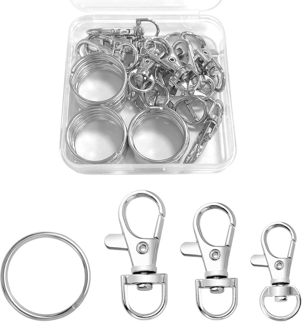 3 x Quacc 15 Set Swivel Snap Hooks with Key Rings, 3 Different Sizes Metal Lobster Claw Clasps Keychain Making Hardware Sturdy Keyring Clips for DIY Art Crafts Crochet Keychain (Sliver, S+M+L)