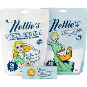 Nellies Complete Laundry Bundle Concentrated Laundry Soda (50 Loads), Oxygen Brightener (50 scoops) & WOW Stick Stain Remover