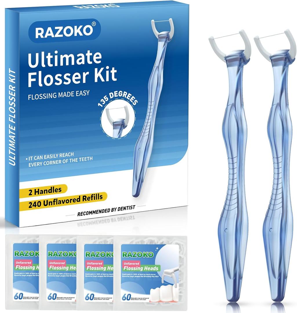 RAZOKO Flosser Kit, Shred-Resistant, Insert & Rotate 90 to 135 for Hard-to-Reach Areas, PTFE & PFAS Free, 2 Handles + 240 Refill Heads, Blue