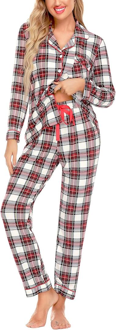 Senert Pajamas Set For Women Long Sleeve Sleepwear with Pockets Soft Button Down Shirt Long Pants Pj Lounge Sets (Red White, Small)