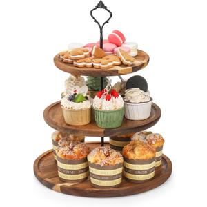 Elsjoy 3 Tier Wood Cupcake Stand, Large Acacia Wood Dessert Display Tower Wooden Tiered Cake Tray Stand, Vintage Cupcake Holder for Wedding, Birthday, Tea Party