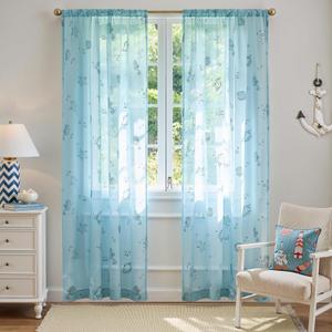 jinchan Blue Sheer Curtains for Living Room Bedroom Coastal Nursery Curtains 84 Inch Long Beach House Voile Transparent Seashell Seahorse Printed Window Treatments Set Rod Pocket 2 Panels