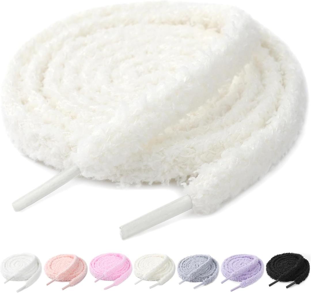 2 x Stepace 2 Pairs Flat Fuzzy Shoe Laces for Sneakers 10mm Wide Thick Shoelaces for Casual Shoes (63Inch(160cm), Off-white)