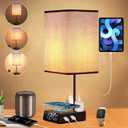Bedside Lamp with USB Ports & AC Outlets, 15W Wireless Charger Table Lamp with Clock, 3 Way Dimmable Nightstand Lamps for Bedroom Living Room,Touch Lamp with Charging Station,Grey Shade & Black Base (Square)