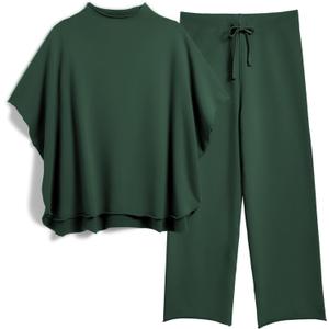 Women's Two Piece Outfits 3/4 Batwing Sleeve Capelet Crew Neck Pullover Top Wide Leg Pants Lounge Set (Large, Dark Green)