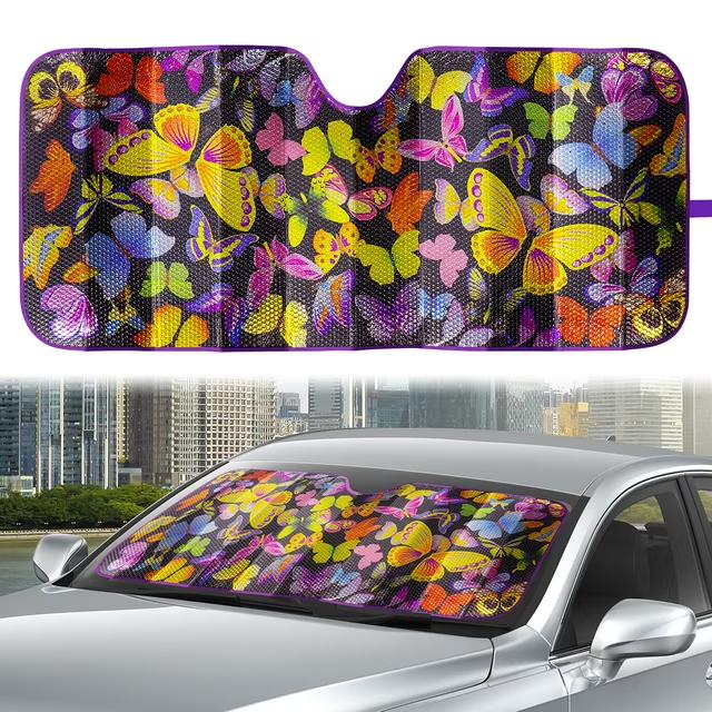 Auto Drive 1 Count Purple Butterfly Universal Fit Windshield Accordion Sunshade, Product Size 63'' x 28.5''
