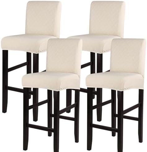 SearchI Jacquard Bar Stool Covers Set of 4, Stretch Washable Barstool Seat Covers, Counter Height Chair Covers for Kitchen Dining Room Cafe (Check Jaquard Beige)