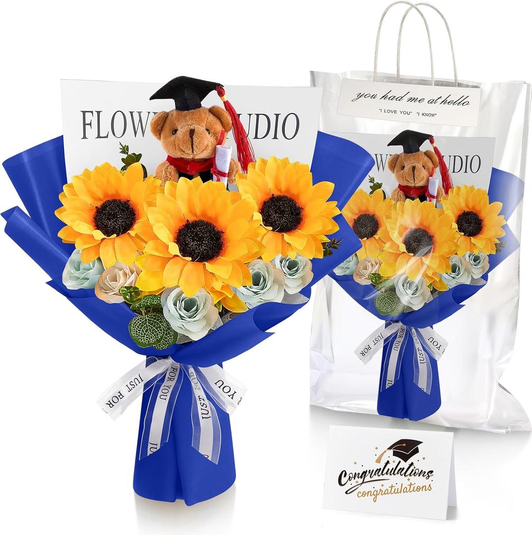 Giegxin Graduation Bear Flower Bouquet Set Graduation Bouquet Gift Graduation Bear Artificial Sunflower Rose Bouquet Greeting Card Gift Bag for Her Him Grad Party Gifts Favors Supplies(Blue)