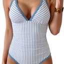 B2prity Women's One Piece Swimsuit Tummy Control Slimming Bathing Suit V Neck Neon Color Block Tie Back Swimwear (Blue, XL)