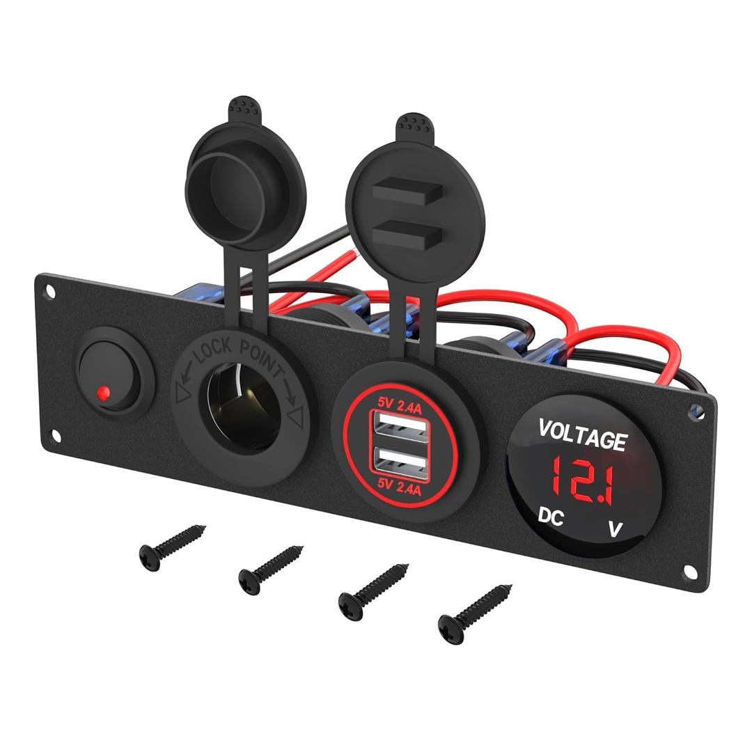 RVMARINEPAT 4 in 1 12V USB Panel with LED Voltmete & Dual USB Charger Socket Power & Cigarette Lighter Socket & Red LED Lighted Toggle Switch Panel for Boat Car RV Golf Cart ATV