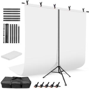 White Backdrop with Stand, 6x9 ft White Photo Backdrop Curtain with 6.3x6.5 ft Background Stand, Portable Back Drop Support Kit with Carrying Bag, 5 Strong Spring Clamps